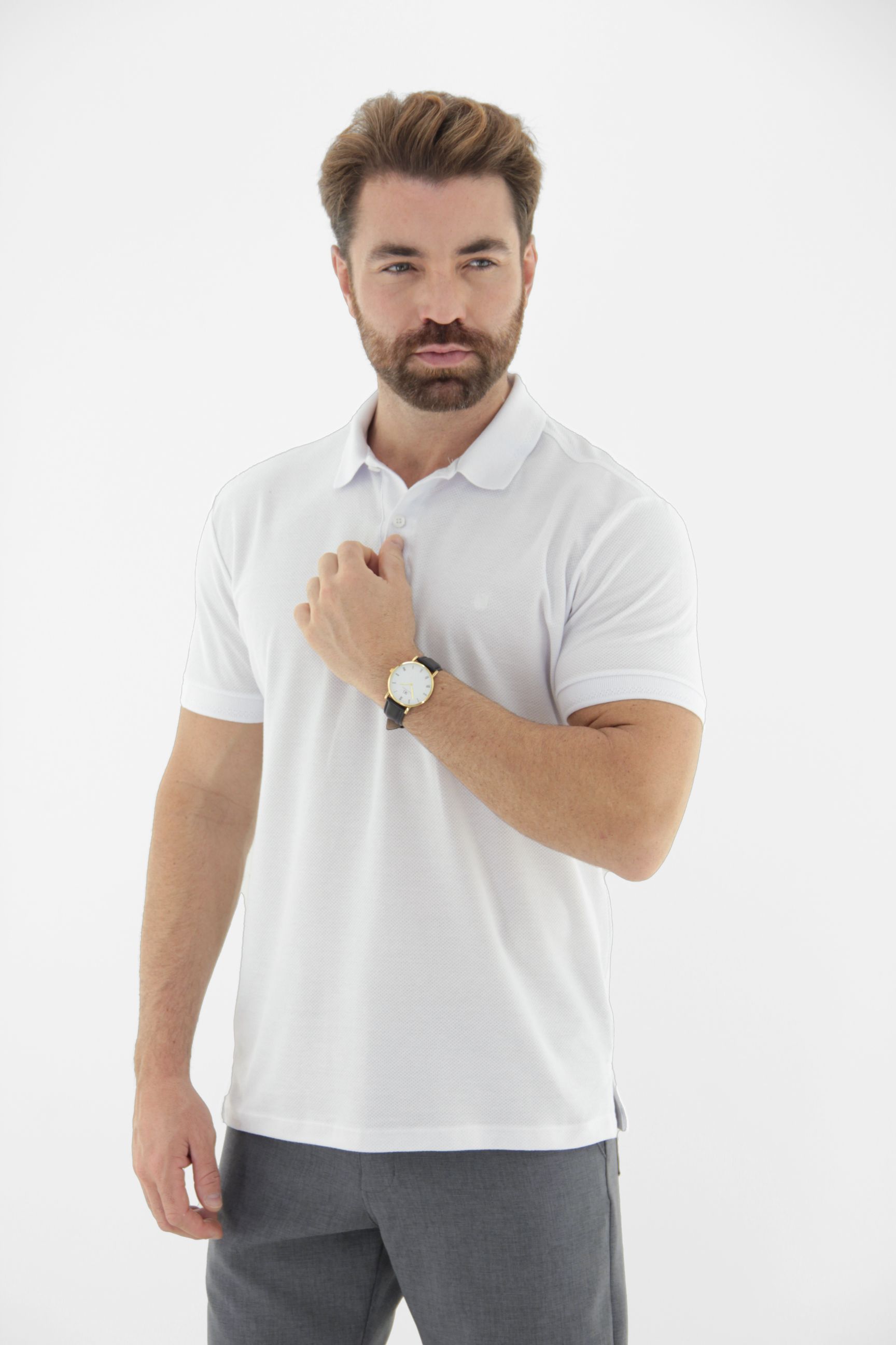 Fotografia de Camisa Polo Masculina 100% Algodão em Tecido Texturizado Premium