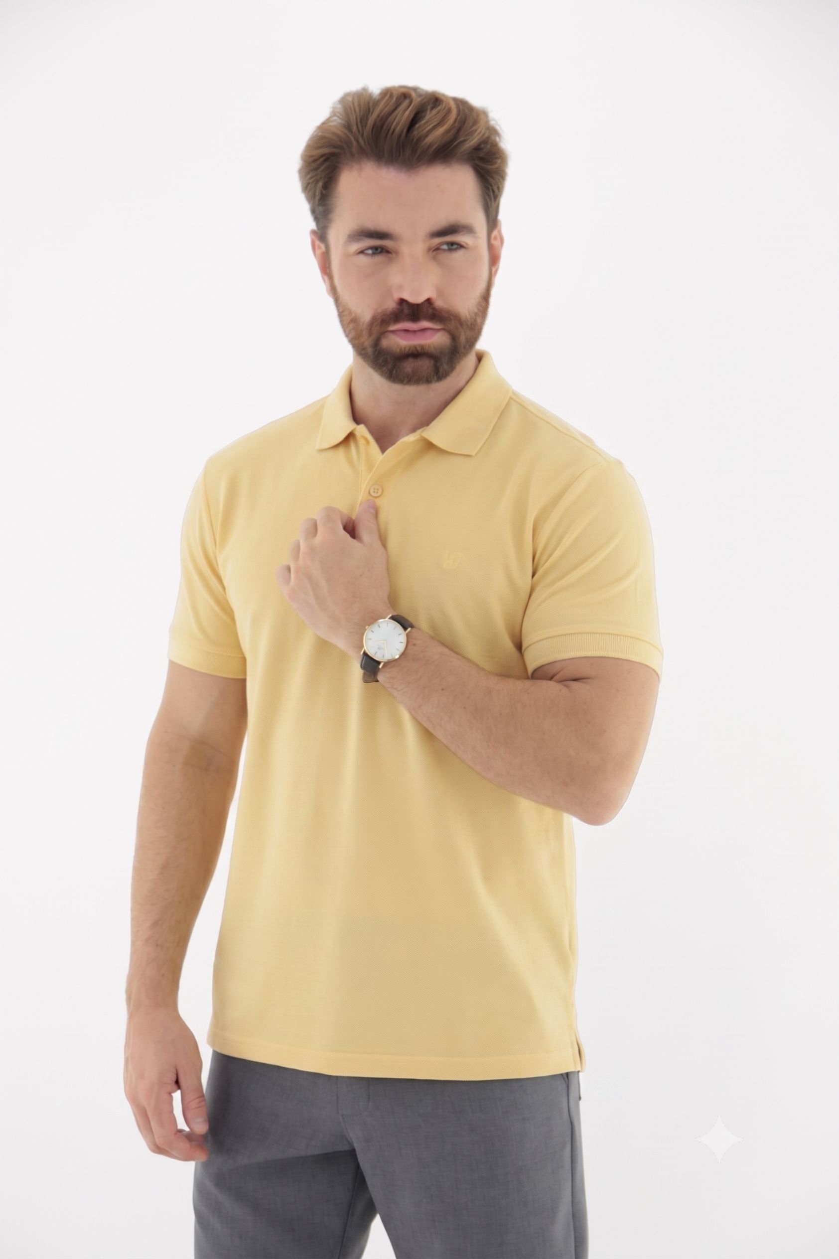 Vista lateral 1 do produto Camisa Polo Masculina 100% Algodão em Tecido Texturizado Premium