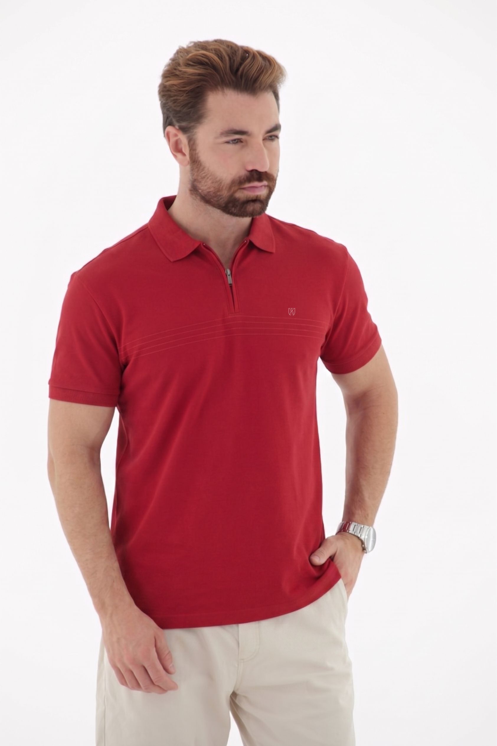 Vista lateral 2 do produto Camisa Polo Masculina com Ziper no Peitilho Linha Blend