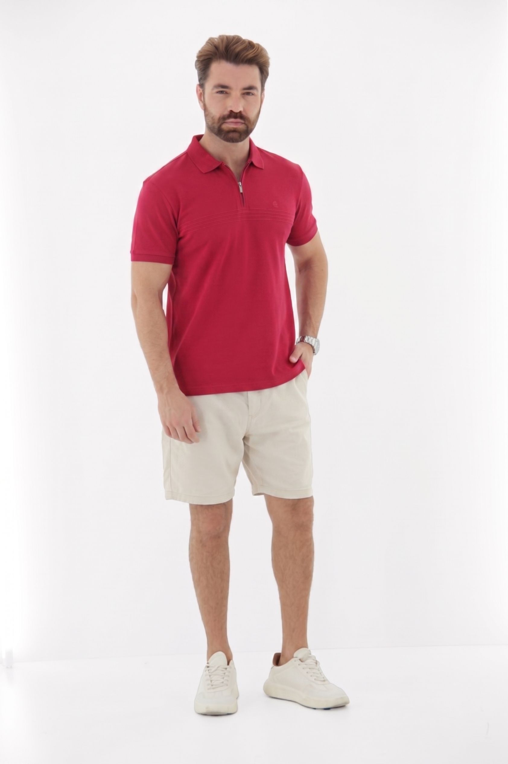 Vista lateral 1 do produto Camisa Polo Masculina com Ziper no Peitilho Linha Blend