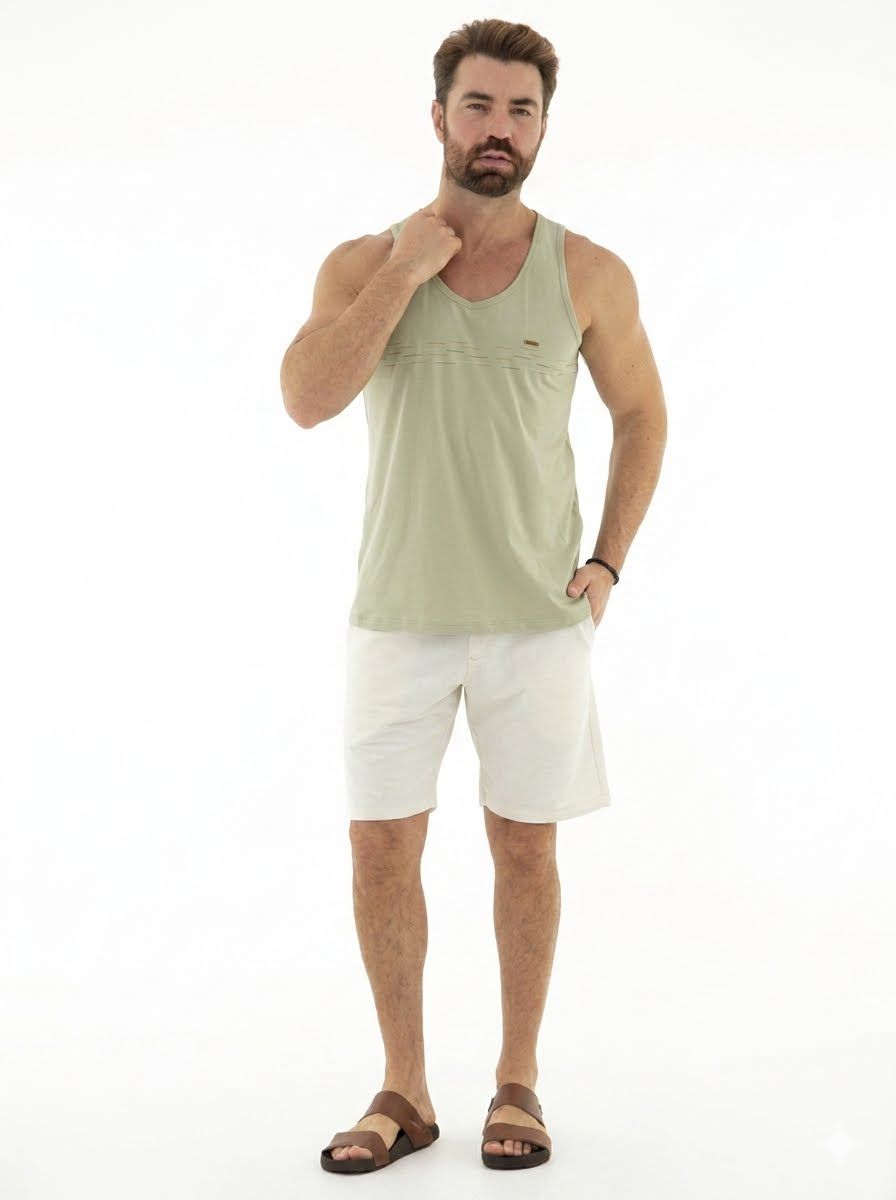 Vista lateral 2 do produto Camiseta Regata Masculina 100% Algodão com Listras Frontais