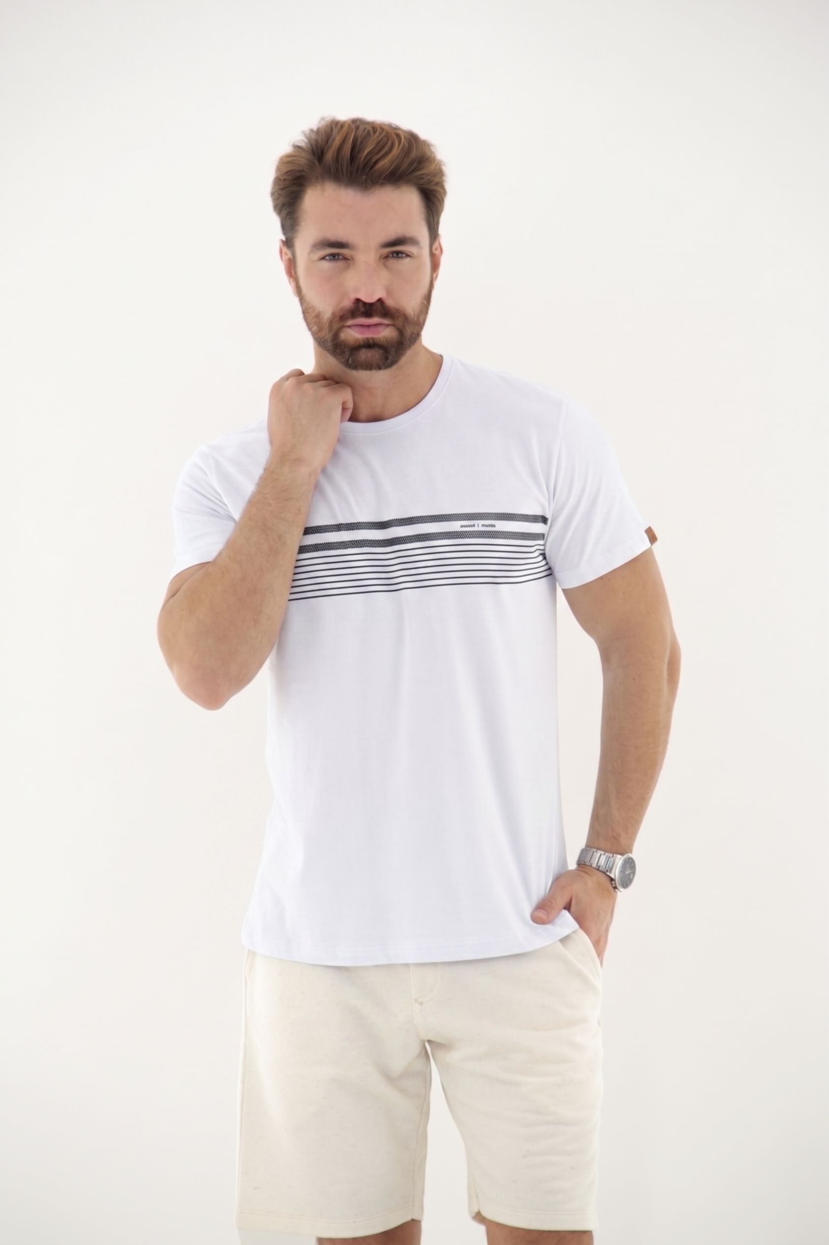 Vista lateral 1 do produto Camiseta T-Shirt Masculina 100% Algodão com Listras no Peito