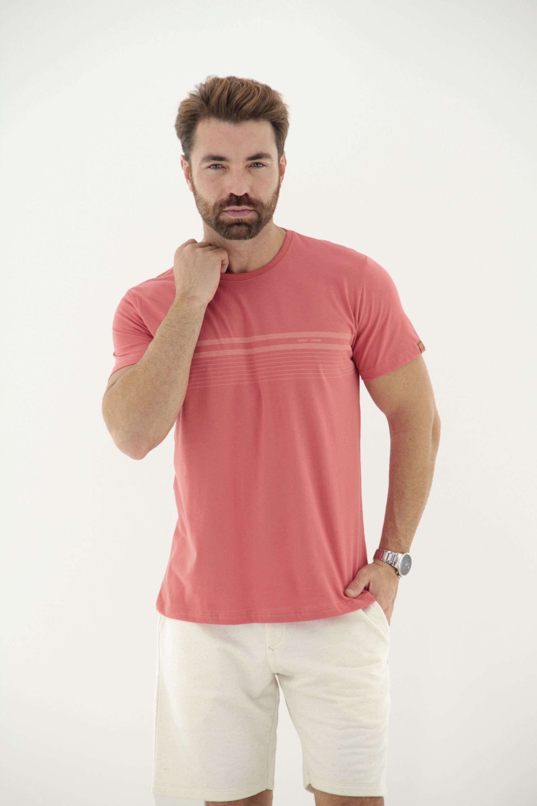 Fotografia de Camiseta T-Shirt Masculina 100% Algodão com Listras no Peito