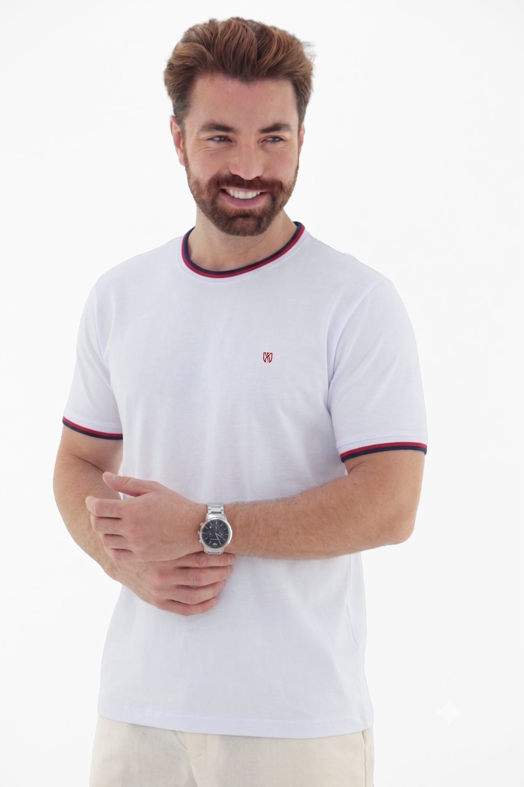 Vista lateral 1 do produto Camiseta T-Shirt Masculina em Retilínea Fio tinto na Gola e Punho Linha Blend