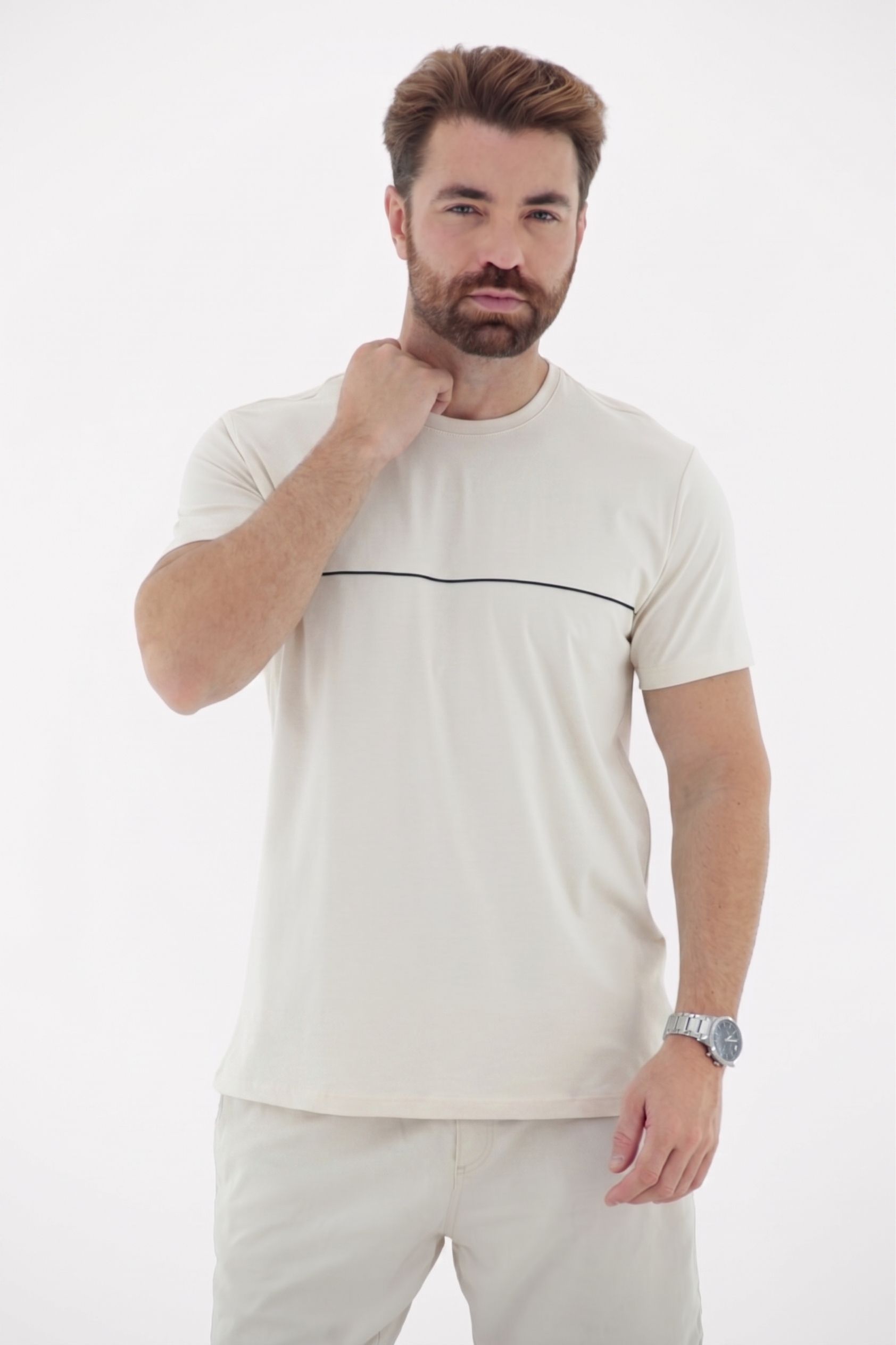 Vista lateral 3 do produto Camiseta T-Shirt Masculina Premium em Algodão Pima com Listra no Peito